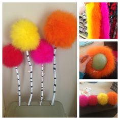 four different colored pom - poms are shown in this collage, one is orange and the other is pink