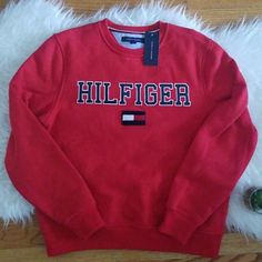 Tommy Hilfiger Red Hilfiger Flag Sweatshirt Red Letter Print Top For Winter, Red Cotton Sweatshirt For Fall, Tommy Hilfiger Letter Print Tops For Fall, Sporty Red Winter Top, Red Sporty Winter Top, Tommy Hilfiger Red Crew Neck Top, Tommy Hilfiger Red Cotton Top, Red Cotton Tommy Hilfiger Tops, Tommy Hilfiger Red Long Sleeve Top