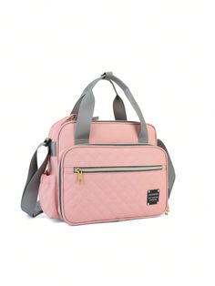 a pink bag with grey straps on the front and side pockets, sitting against a white background