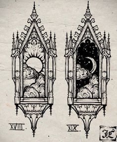 an old drawing of two windows with clouds and stars in the sky, one has a clock on it's side