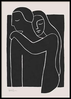 a black and white drawing of two people hugging