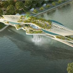 an artist's rendering of a bridge over water with trees growing on the sides