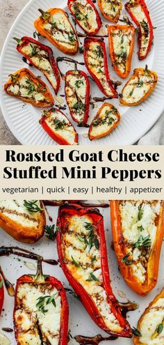 roasted goat cheese stuffed mini peppers on a white plate with text overlay that reads roasted goat cheese stuffed mini peppers