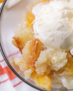 a close up of a bowl of food with ice cream