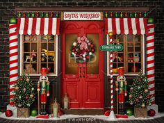 a store front decorated with christmas decorations and wreaths