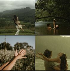 four different shots of people in the water and one is holding her hand out to another person