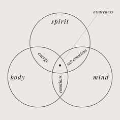 three intersecting circles with words in the middle and one saying spirit, body, mind