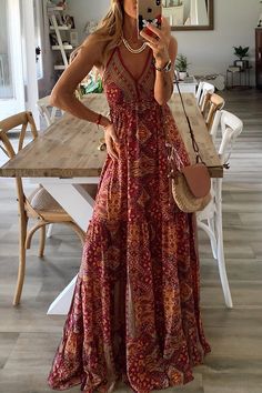 Bohemian Print Dress, Vacation Maxi Dress, Beach Dress Summer, Look Boho Chic, Maxi Rok, Bohemian Print, Styl Boho, Maxi Robes, Slip Skirt