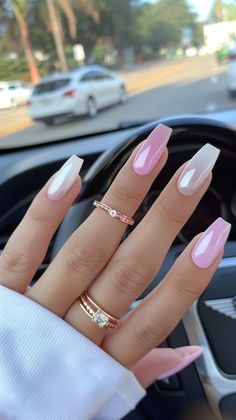 #summerNail#NailArt#Naildesign Ombre Ideas Nails, Summer Long Square Nails, New Nail Designs 2024 Summer, Ombre Nails Powder, White And Pink Nails Ideas, White And Pink Summer Nails, White And Pink Acrylics, Coffin Nails Designs Summer 2024, New Trend Nails 2024 Summer