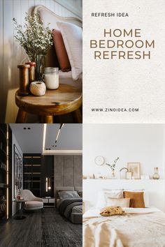 the interior of a bedroom with white walls and wood flooring is shown in three different photos