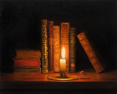 a painting of books and a candle on a table