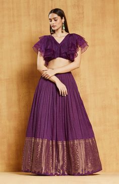 Chamee And Palak-Purple Ruffle Jamewar Lehenga Set-INDIASPOPUP.COM Ruffle Blouse Designs, Organza Blouse, Long Dress Design, Lehenga Blouse, Lehenga Designs, Indian Fashion Dresses, Indian Designer Wear, Half Saree, Indian Design