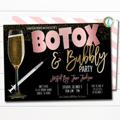 this is an image of a botox and bubbly birthday party card with champagne