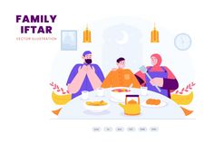 three people sitting at a table with food in front of them and the caption family iftar