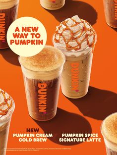 an advertisement for pumpkin ice cream, with three different drinks in each cup and one on the other side