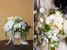 the bridal bouquet has white flowers and greenery