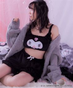 A loungewear set made for the sweetest and made for you. Lounge in comfort and cuteness in this 2 piece pajama set. Features a Sanrio characters embroidery. Fluffy velvet material is very soft and comfy! One size. 100% Authentic. Cute Black Loungewear Sets, Cute Soft Cotton Sleepwear, Playful Black Sleepwear For Loungewear, Cute Black Long Sleeve Sleepwear, Cute Black Cotton Sleepwear, Cute Tops For Lounging, Kuromi Aesthetic Outfit, Goth Pajamas, Kuromi Outfit