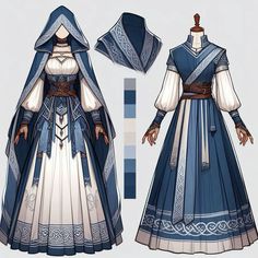 the costume is designed to look like an old woman's dress with blue and white trim