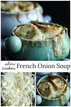 french onion soup in a blue bowl with eggs and grated parmesan cheese