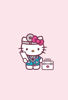 hello kitty holding a suitcase on a pink background