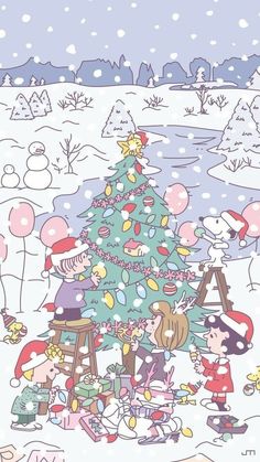 a cartoon christmas tree with many people around it