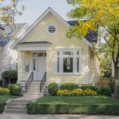 a small yellow house with white trim on the front door and steps leading up to it