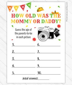 a printable baby shower game with the words how old was the mommy or daddy?