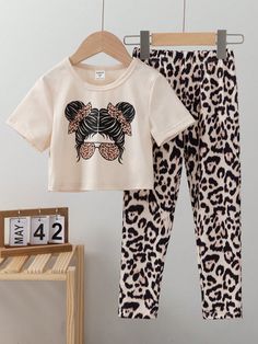 2pcs/Set Young Girl's Leopard Print Person Graphic Short Sleeve T-Shirt And Elastic Waist Pants, Cozy Vacation Outfit Beige Casual  Short Sleeve Fabric Cartoon,Figure,Leopard Print  Non-Stretch  Young Girls Clothing, size features are:Bust: ,Length: ,Sleeve Length: Warm Vacation, Girls Sweater Dress, Girls Cardigan, Toddler Girl Dresses, Girl Sweatshirts, Girls Sweaters, Toddler Fashion, Toddler Dress