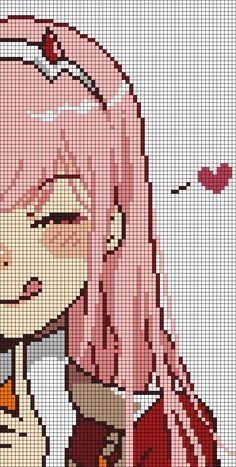 a cross stitch pattern of a girl with pink hair holding a cell phone to her ear