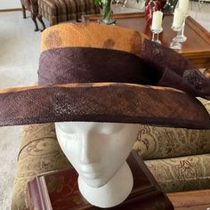 Woman’s Hat New, Never Worn Perfect Condition Multi Colors, Gold And Brown With Big Bow On Side Fitted Brown Brimmed Sun Hat, Fitted Brown Sun Hat For Vacation, Elegant Brown Fitted Sun Hat, Elegant Fitted Brown Sun Hat, Brown One Size Straw Hat, One Size Brown Straw Hat, Brown Fitted Sun Hat With Short Brim, Fitted Brown Sun Hat With Short Brim, Fitted Brown Sun Hat With Flat Brim