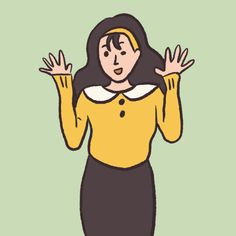 a woman in a yellow shirt and black skirt holding her hands up to the side