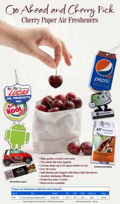 an advertisement for cherry paper air fresheners with images of cherries in a bag