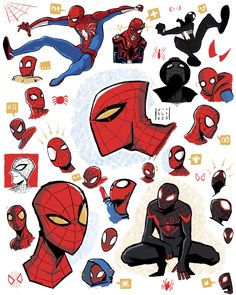 spider - man stickers are all over the place in this drawing, and it looks like they have been drawn on paper