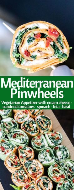 the cover of mediterranean pinwheels with spinach leaves and tomatoes