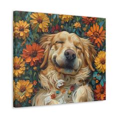 a painting of a golden retriever dog laying in flowers on a canvas wall art print