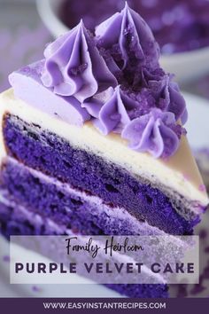 a slice of purple velvet cake on a plate