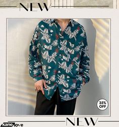 Men's Fashion Retro Long Sleeve Loose Tiny Flower Shirt Spring Long Sleeve Shirt With Plant Print, Long Sleeve Shirt With Plant Print For Summer, Summer Long Sleeve Shirt With Plant Print, Vacation Long Sleeve Shirt With Floral Print, Long Sleeve Floral Print Shirt For Vacation, Green Long Sleeve Shirt For Vacation, Green Long Sleeve Vacation Shirt, Blue Long Sleeve Hawaiian Shirt, Patterned Long Sleeve Shirt For Summer