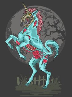 a blue unicorn standing in front of a full moon