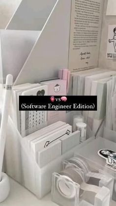 an assortment of office supplies on display in a white room with text that reads software engineer edition