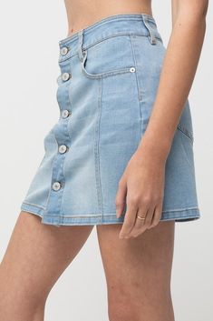 Denim Washed Skirt Blue Washed Cotton Denim Skirt, Summer Light Wash Non-stretch Denim Skirt, Non-stretch Blue Cotton Denim Skirt, Cotton Denim Skirt With Pockets, Medium Wash, Blue Non-stretch Denim Skirt With Button Closure, Denim Wash, Denim Skirt, Mini Skirts, Skirt