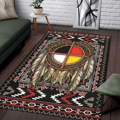 an area rug with native american symbols on it