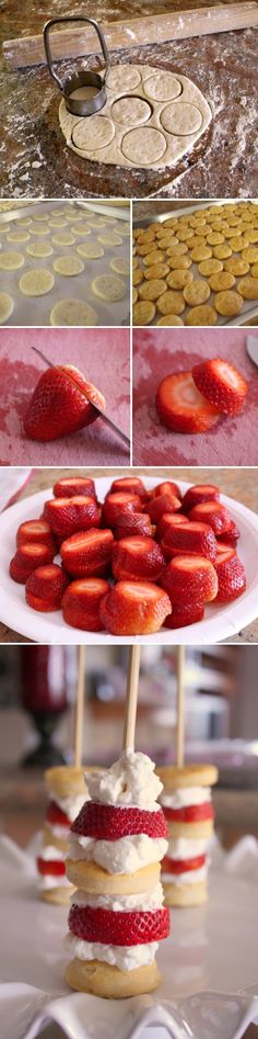 there are several pictures of different pastries on this plate and in the middle one is strawberry shortcakes