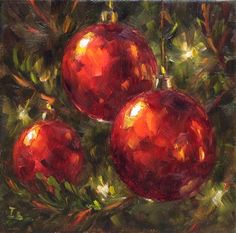 three red christmas ornaments hanging from a tree branch in oil on canvas, with green leaves and branches around them