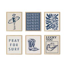 four different types of art prints are shown in blue and beige colors, each with an image of a man holding a surfboard