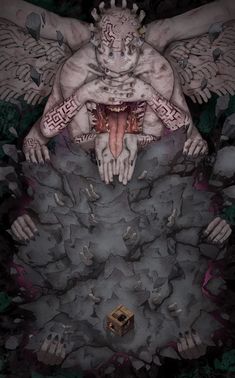 an image of a man with wings on his head sitting in the middle of a pile of rocks