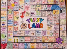 a board game with lots of words and pictures all over it, including the words tipsy land