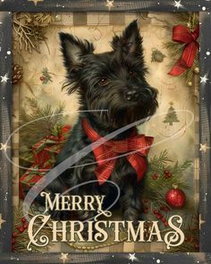 a christmas card with a black dog wearing a red bow