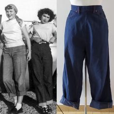 Amazing original 1940s-1950s western indigo denim ladies jeans with orange stitching. Ranch Craft brand. Side metal zipper. Very dark and raw denim. Two front and two back pockets. Never worn condition (freshly washed). Waist 25" - 26" snug Hips 38"- 40" Rise 14 1/2" Inseam 28 1/2" Length 42" 1950s Pants Women, 1950s Pants, 1950s Jeans, 1950s Western, Teen Jeans, 1940s Women, Fashion 1940s, Ladies Jeans, Denim Dungarees