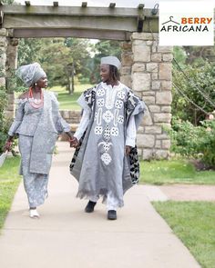 The Aso-Oke Fabric is unique, and for the bride, its embellished with rhinestones and pearls to allow the bride stand-out on her special day. The Outfit is made as a Blouse with Zip behind, an Iro Wrapper, Ipele Shoulder Gear and Gele Headgear and Handfan, which completes the Set for the Bride. For the Groom, Its a Matching Aso-Oke Agbada with same Multicoloured Aso Oke , Richly Embroided with Fila Cap with Tassel( isn't that just beautiful with an Atiku Fabric Kaftan(Buba top and Sokoto Pant) S Festive Wedding Agbada With Traditional Drape, Traditional Embroidered Agbada For Wedding, Traditional Drape Kaftan With Patterns For Wedding, Wedding Kaftan With Traditional Patterns And Drape, White Embroidered Agbada For Wedding, Couple Wedding Outfit, African Couple, Outfit Grey, African Wedding Attire