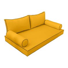 a yellow couch with two pillows on it